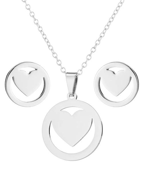 Fashion Silver Round Hollow Heart Earrings Necklace Set