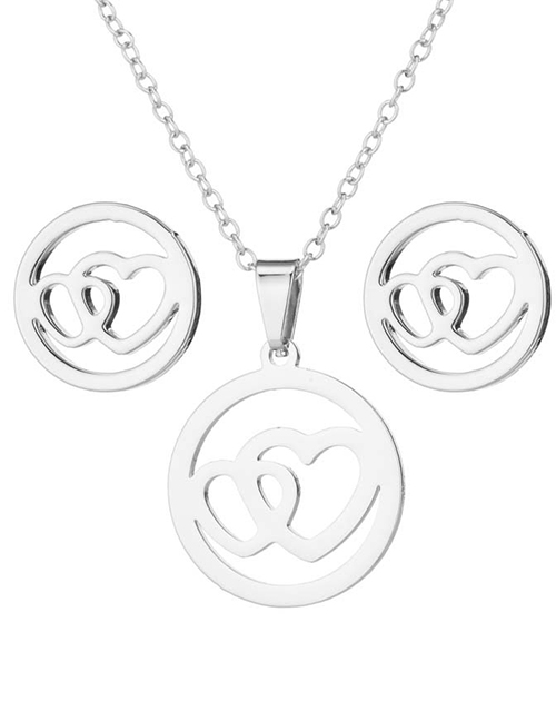 Fashion Steel Color Stainless Steel Round Hollow Double Heart Stud Necklace Set