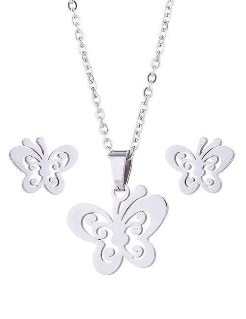 Fashion Steel Color Stainless Steel Butterfly Earring Necklace Set