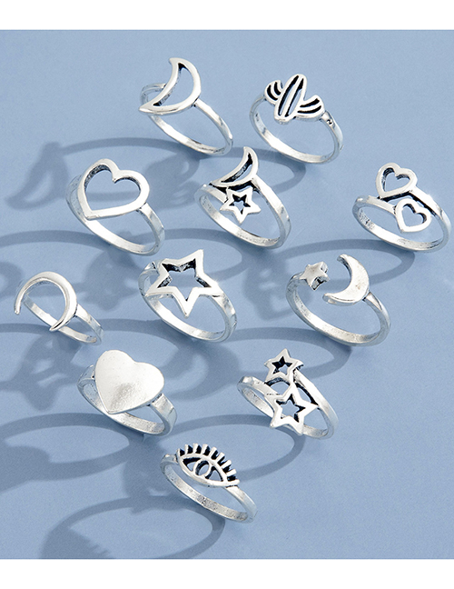 Fashion Silver Alloy Hollow Love Heart Star Moon Ring Set