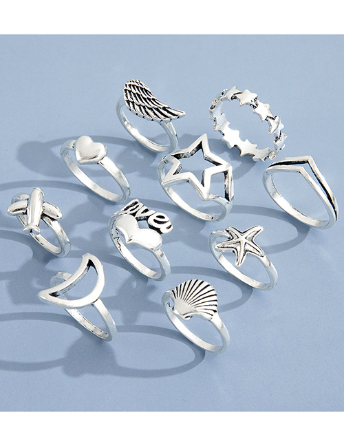 Fashion Silver Alloy Moon Pentagram Wing Shell Ring Set