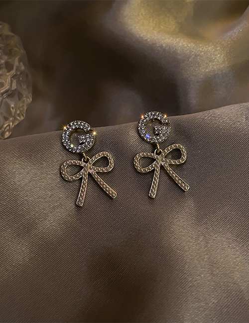 Fashion Bow Gold Pearl And Diamond Letter Bow Stud Earrings