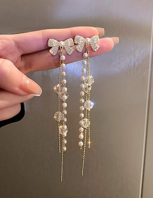 Fashion White Bowknot Pearl Crystal Tassel Earrings