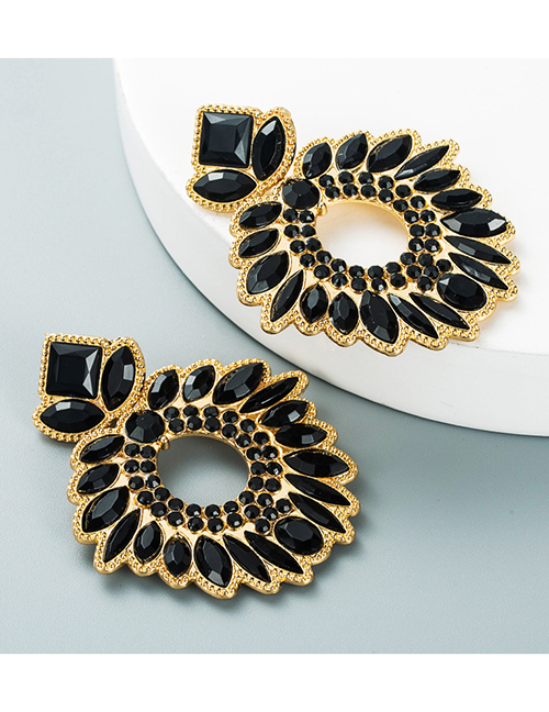Fashion Black Alloy Inlaid Diamond Geometric Flower Earrings