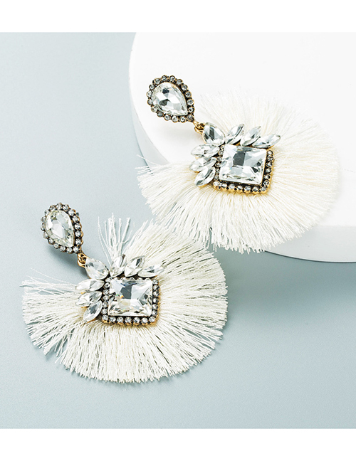 Fashion White Geometric Rhinestone Fan-shaped Tassel Earrings