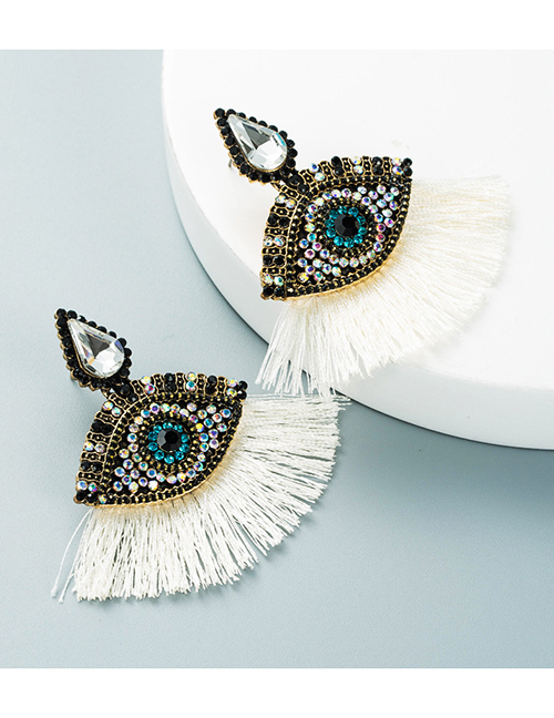 Fashion White Alloy Inlaid Rhinestone Eyes Fan-shaped Tassel Earrings