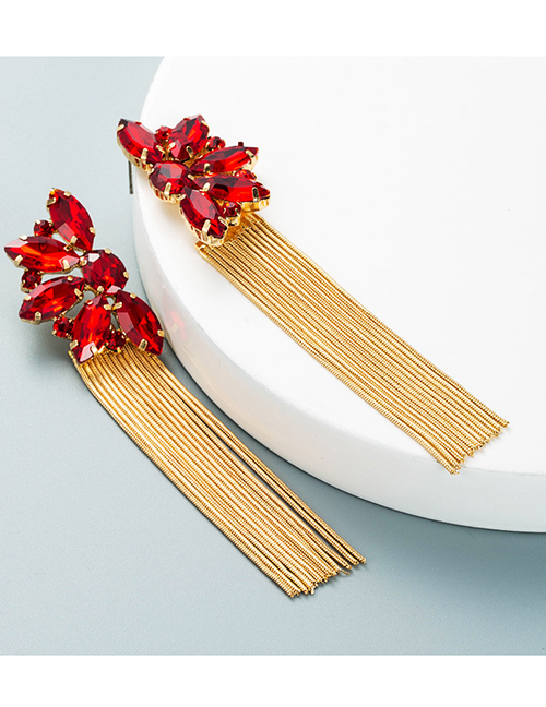 Fashion Red Alloy Inlaid Diamond Flower Tassel Earrings