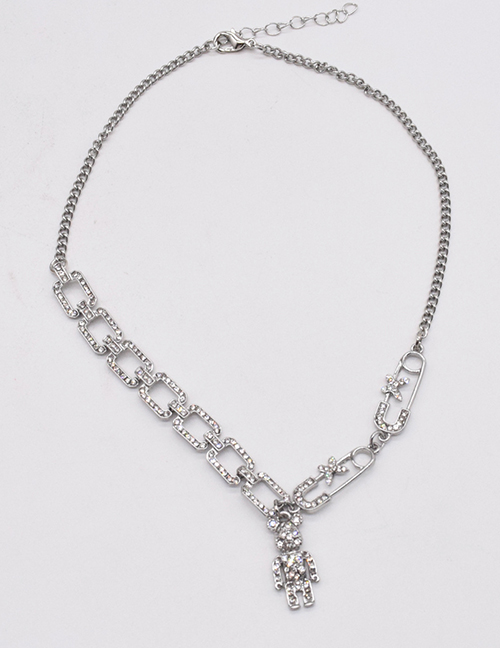 Fashion Silver Titanium Steel Full Diamond Crystal Robot Necklace