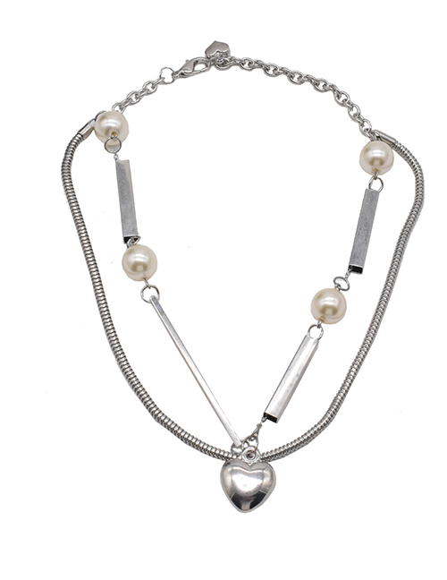 Fashion Silver Metal Tube Love Pearl Double Necklace