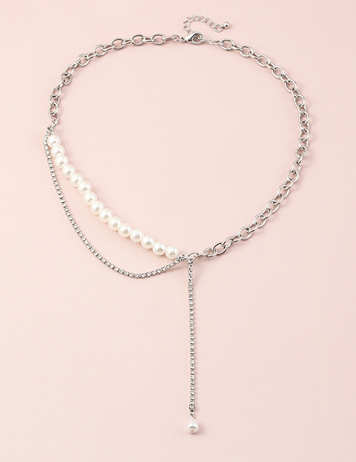 Fashion Silver Color Diamond Chain Tassel Pearl Stitching Necklace