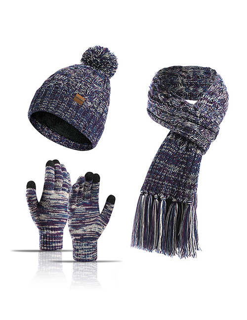 Fashion Purple Three-piece Knitted Wool Scarf Gloves
