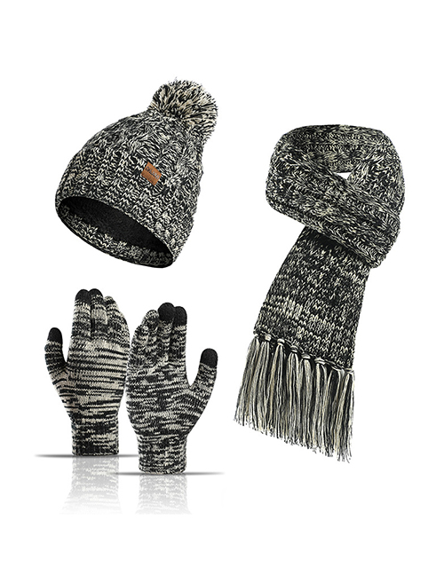 Fashion Black Three-piece Knitted Wool Scarf Gloves