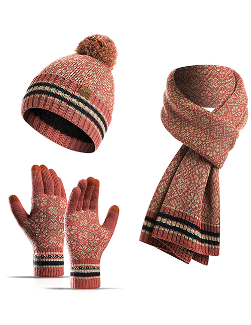 Fashion Iron Embroidery Red Knitted Scarf Hat And Gloves Three-piece Set