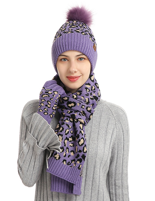 Fashion Purple Leopard Print Knitted Hat Scarf Gloves Three-piece Set