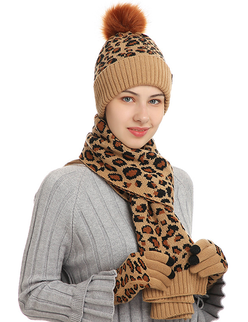 Fashion Khaki Leopard Print Knitted Hat Scarf Gloves Three-piece Set