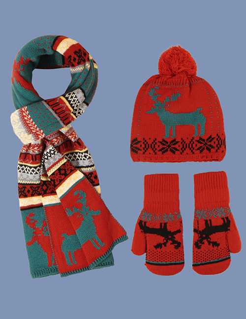 Fashion Red Christmas Fawn Jacquard Hat Scarf Gloves