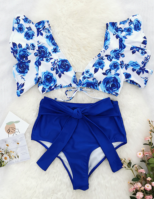 Fashion Blue Rose + Blue Bottoms Smock Print Tie Ruffled Split Swimsuit