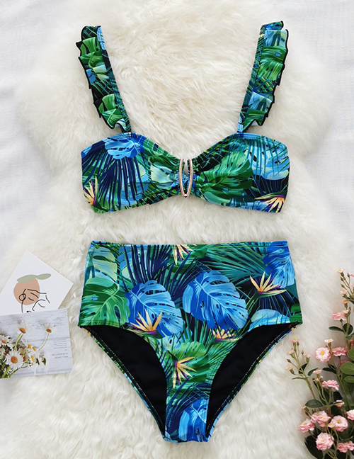 Fashion Blue And Green Leaves Ruffled Sling Print Split Swimsuit