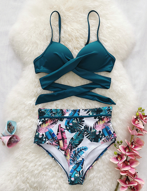 Fashion Blue Top + White Palm Leaves Lace-up Sling Print Split Swimsuit