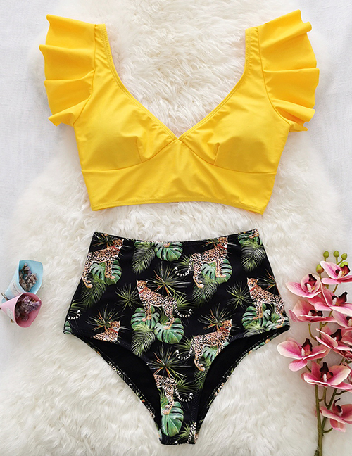 Fashion Yellow Shirt + Leopard Printed Ruffled Lace Split Swimsuit