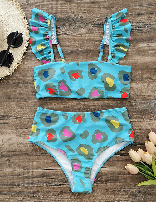 Fashion Color Leopard [s/m/l] Three-piece Swimsuit With Printed Lotus Leaf Sleeve Suspenders