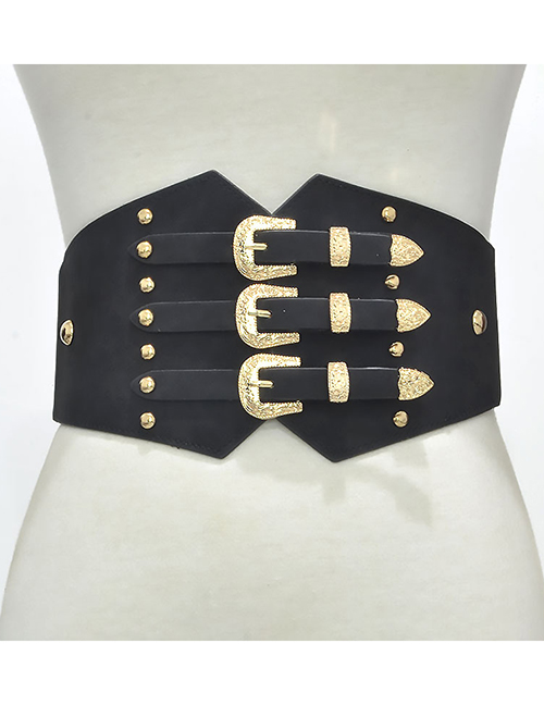 Fashion Black[gold Color Buckle] Multi-layer Belt With Suede Rivet Pin Buckle