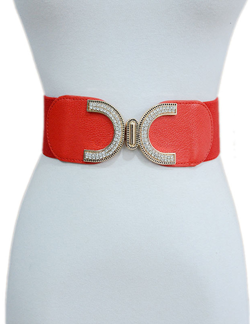 Fashion Red Metal Rhinestone C-shaped Double Buckle Wide Belt