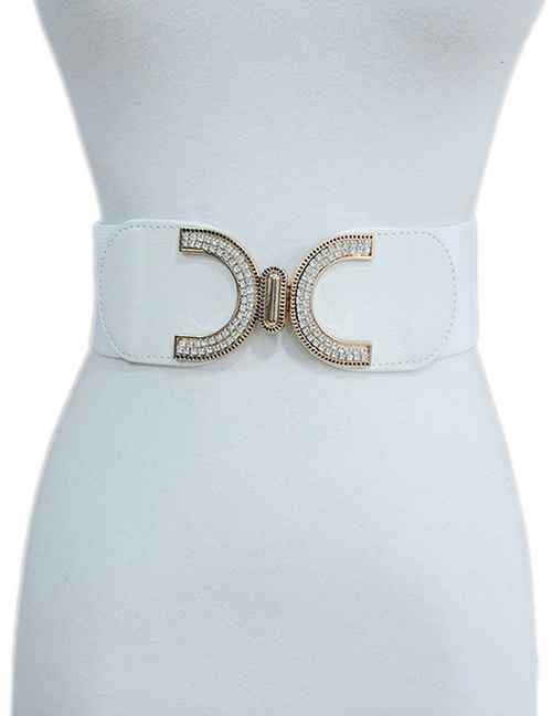 Fashion White Metal Rhinestone C-shaped Double Buckle Wide Belt