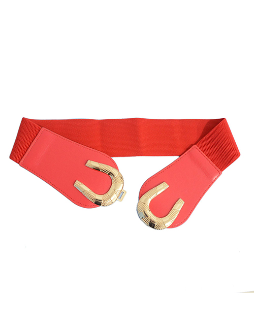 Fashion Red Horseshoe Double Buckle Elastic Belt