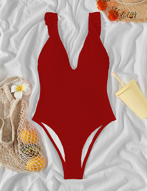 Fashion Red Solid Color Knitted V-neck One-piece Swimsuit