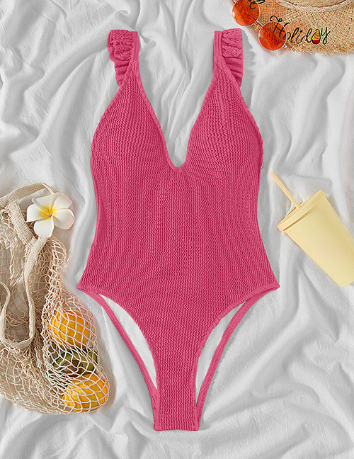 Fashion Rose Red Solid Color Knitted V-neck One-piece Swimsuit