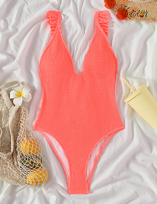 Fashion Orange Solid Color Knitted V-neck One-piece Swimsuit