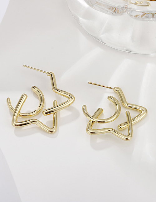 Fashion Gold Coloren Five-pointed Star Earrings Metal Star Bamboo C-shaped Earrings