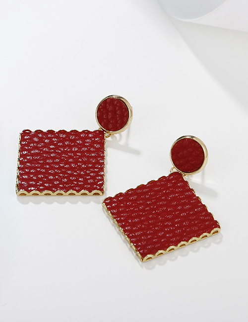 Fashion Red Leather Earrings Rhombus Leather Square Earrings