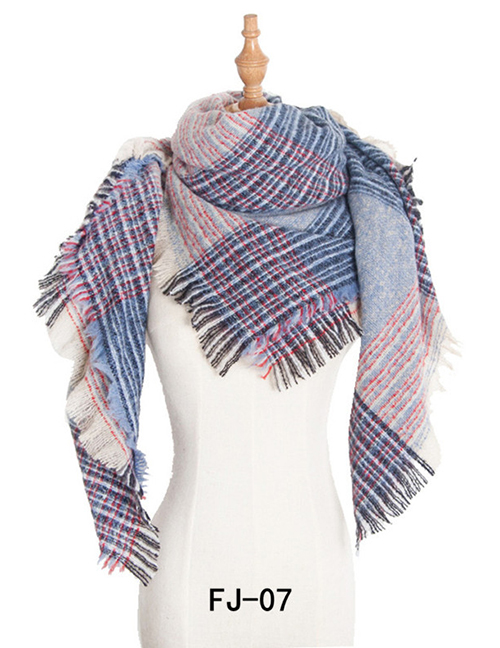 Fashion 07 Large Grid Blue Thickened Double-sided Plaid Bristle Scarf