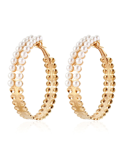 Fashion Gold Color Gold-plated Copper Geometric Pearl Ring Earrings