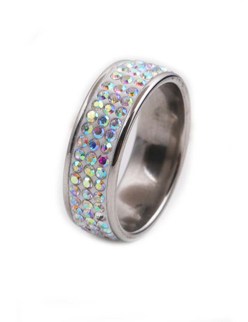 Fashion Steel Color Titanium Steel Three-row Diamond Round Ring