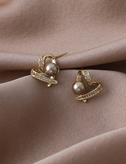 Grey Pearl Copper Inlaid Zirconium Pearl Love Stud Earrings
