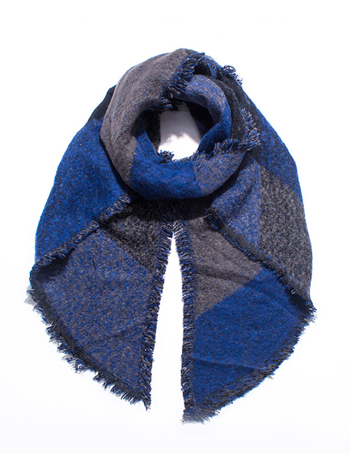 Fashion New Color Royal Blue Circle Yarn Contrast Color Raw Edge Check Bevel Scarf