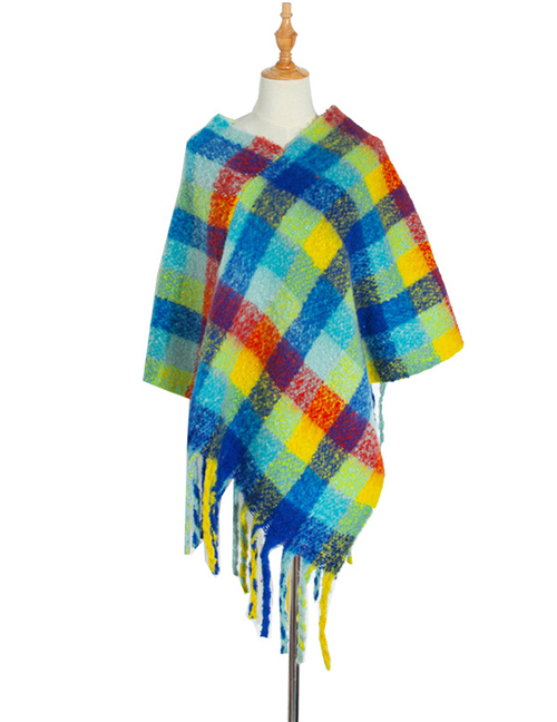 Fashion 03#blue Checked Cloak With Thick Fringe