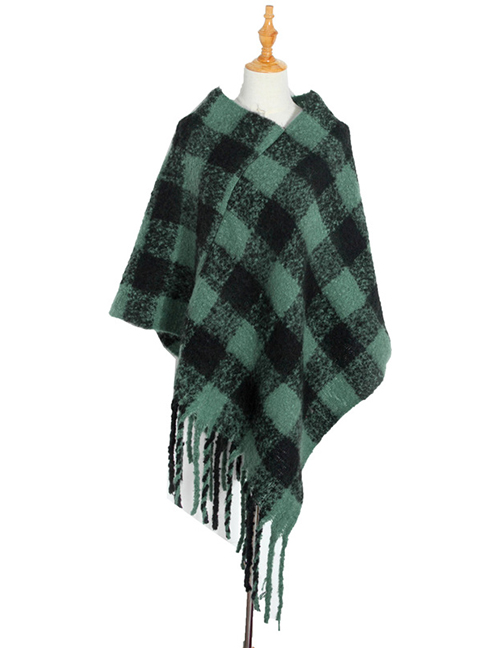 Fashion 04#dark Green Checked Cloak With Thick Fringe