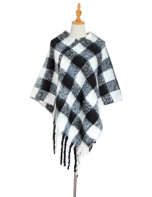 Fashion 05#black And White Checked Cloak With Thick Fringe
