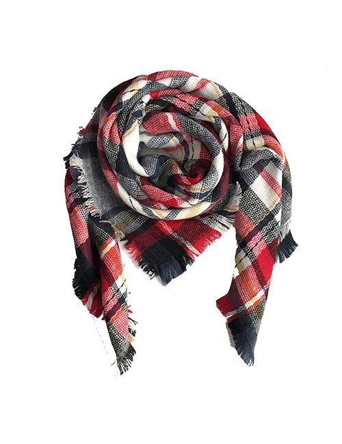Fashion Adult White Red Cashmere Plaid Wool-trimmed Scarf