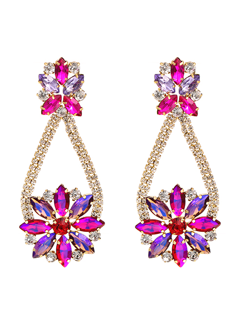 Fashion Rose Red Alloy Diamond Drop Flower Stud Earrings