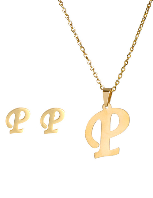 Fashion P Stainless Steel 26 Letter Necklace And Earring Set