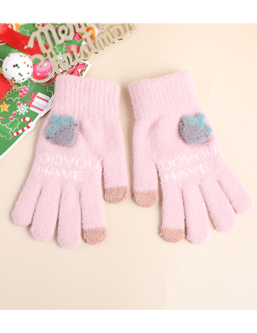 Fashion Pink Fabric Plush Strawberry Letter Touch Screen Gloves