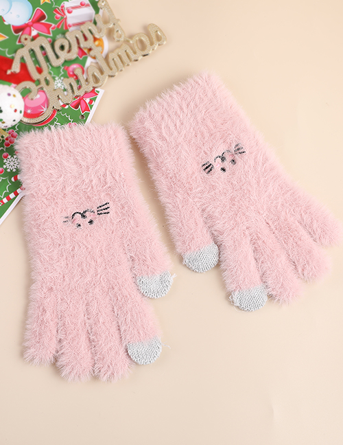 Fashion Pink Fabric Plush Cat Touch Screen Gloves