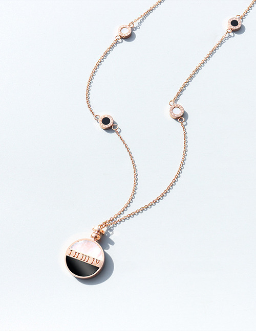 Fashion Rose Gold Color Color Sweater Chain 80+5 Titanium Steel White Shell Roman Numeral Disc Necklace