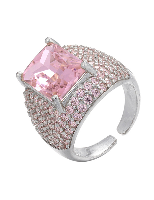 Fashion White Gold Color Pink Diamonds Micro-set Square Zirconium Open Ring
