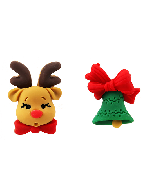 Fashion Deer Head + Bell Asymmetrical Stud Earrings In Soft Pottery Christmas Bell Gift Box For The Elderly